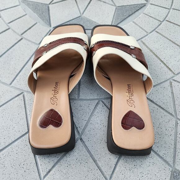 Brighton Billie Brown & Beige Open Toe Slide Leather Sandals 7.5 - Picture 4 of 9